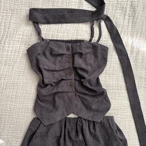 ruched grey boho button-up cami top, skirt, and skinny scarf set